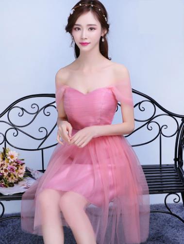 พร้อมส่ง ชุดราตรีสั้น เพื่อนเจ้าสาว กระโปรงตาข่าย สีชมพูกลีบบัว ใส่เป็นแบบแขนกุด หรือ ปิดไหล่ก็ได้ (จับสม๊อกด้านหลัง)