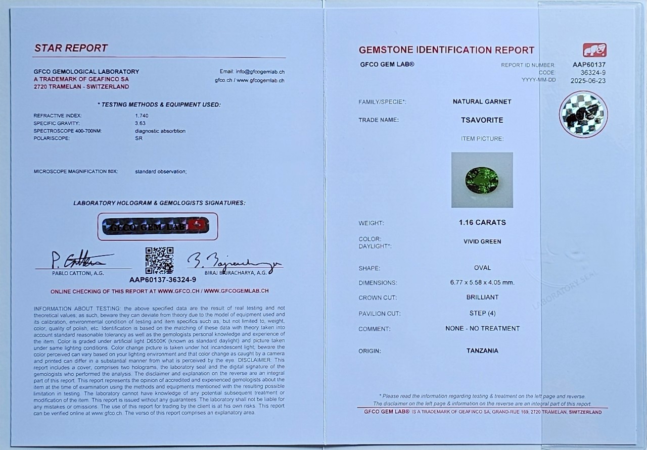 พลอย ซาโวไรท์ Tsavorite Garnet 1.16 กะรัต (Cts.) ดิบ Unheated พร้อมใบเซอร์ อัญมณีมงคลประจําวันเกิด เครื่องประดับพลอย