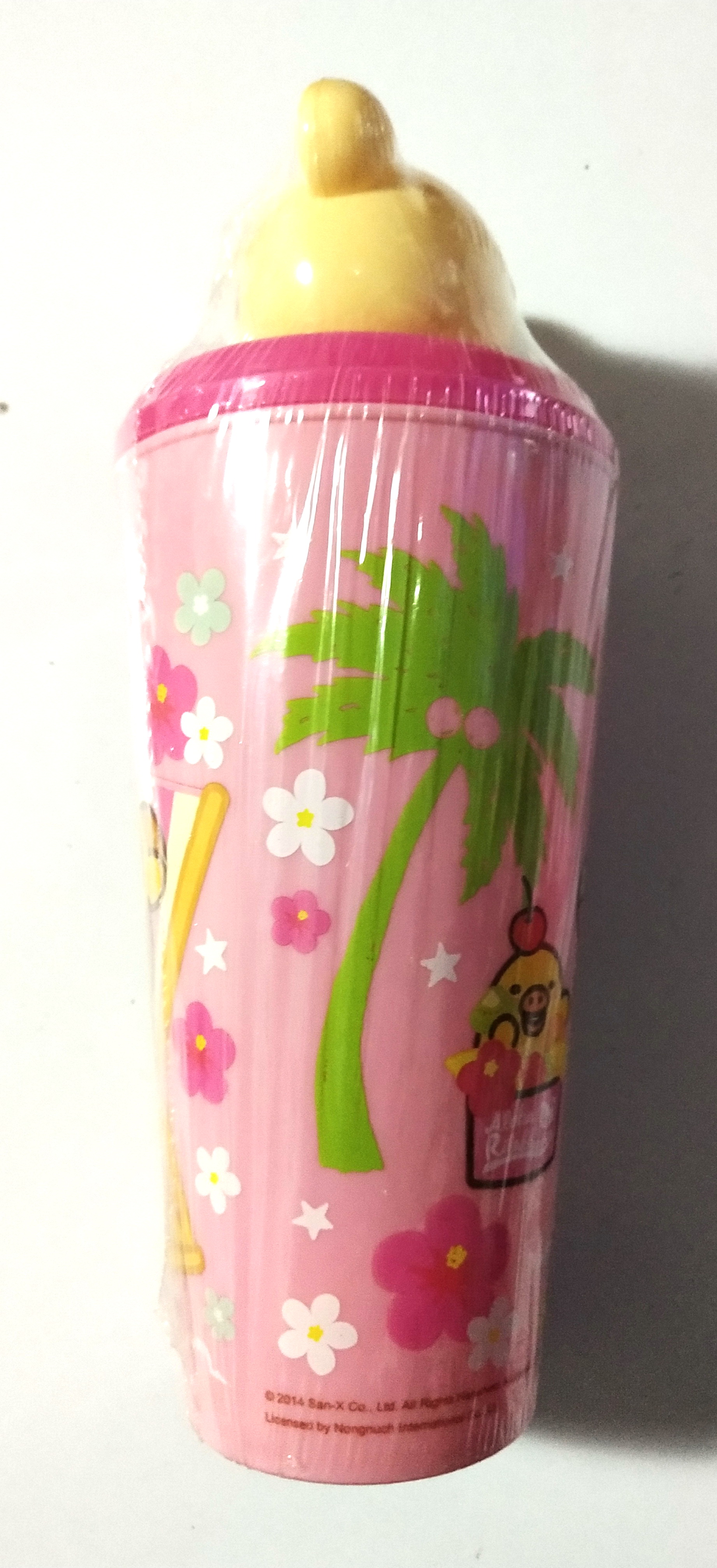 ของสะสม แก้วน้ำพลาสติกสีชมพูลายรีลัคคุมะ Rilakkuma พร้อมท็อปเปอร์หัวหมีรีลัคคุมะสีขาว
