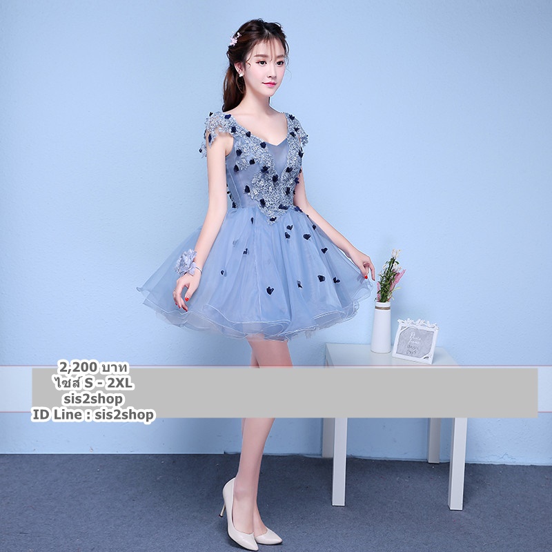 Pre-orderชุดแฟนซีชุดราตรีสั้นระบายแขนกระโปรงพองสวยเชือกผูกหลัง