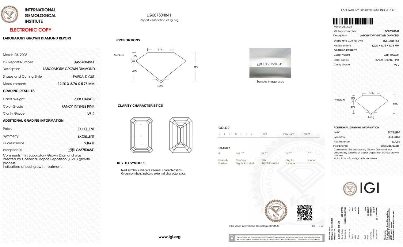 เพชร CVD Diamond 6.08 กะรัต ชมพูเข้ม FANCY INTENSE PINK VS2 พร้อมใบเซอร์ IGI LG687504841