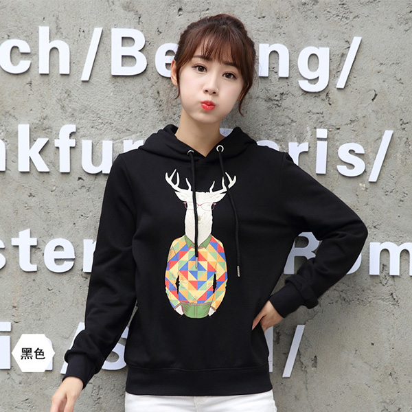 เสื้อสเวตเตอร์ฮู้ดพิมพ์ลายกวาง ซับกำมะหยี่กันหนาว (11981H)