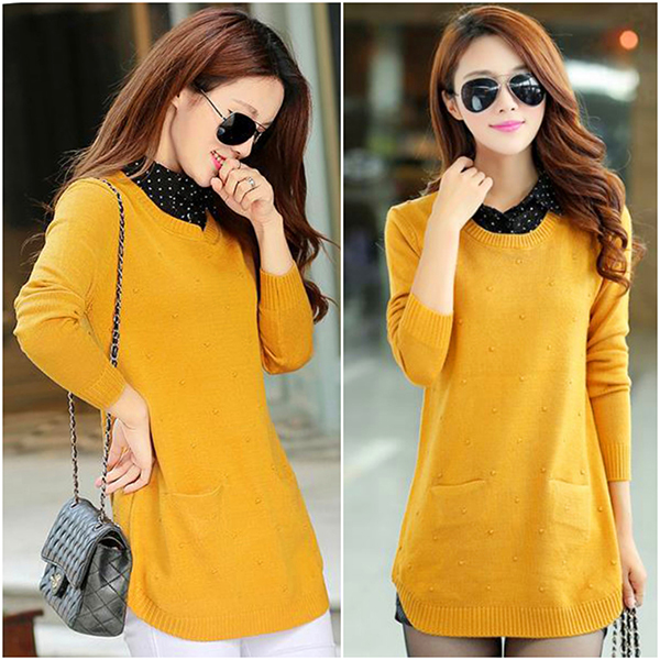 เสื้อสเวตเตอร์ไหมพรม คอปกเชิ้ตลายจุด แต่งกระเป๋าคู่ (12217B)