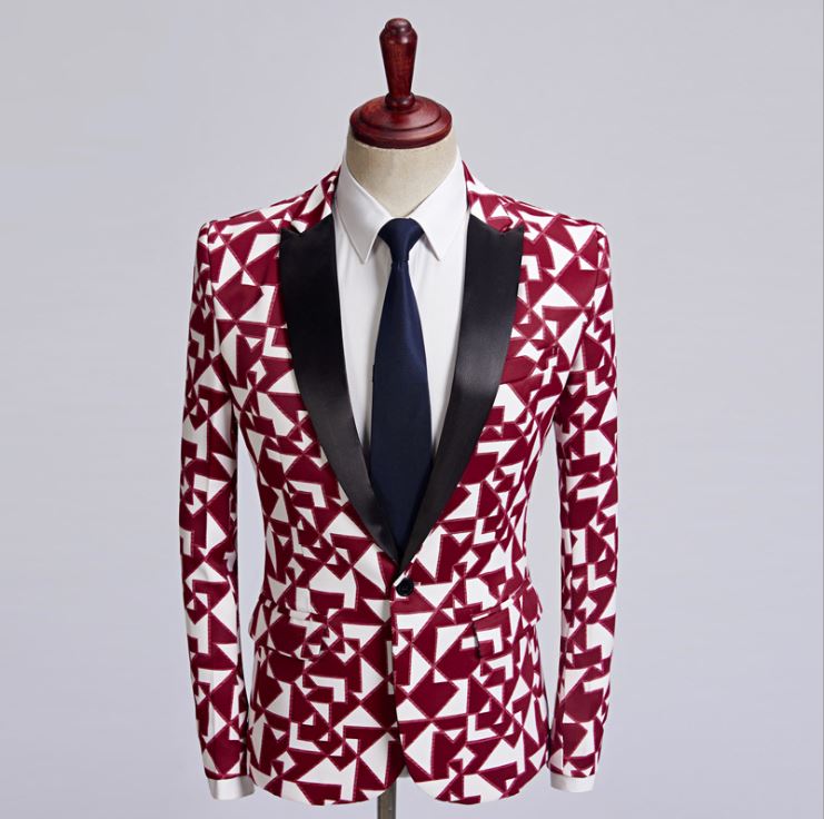 เช่า เสื้อสูท สูทแฟนซี สีแดงขาว แต่งปกคอดำ พิมพ์ลายกราฟฟิก
