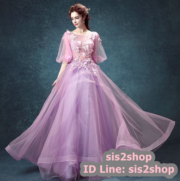 พร้อมเช่า ชุดแฟนซียาว แบบแขนยาว จั๊มปลายแขนน่ารักมาก เนื้อผ้าเป็นตาข่ายแบบซีทรู แต่งดอกและลูกปัด สีม่วง (ซิปหลัง)