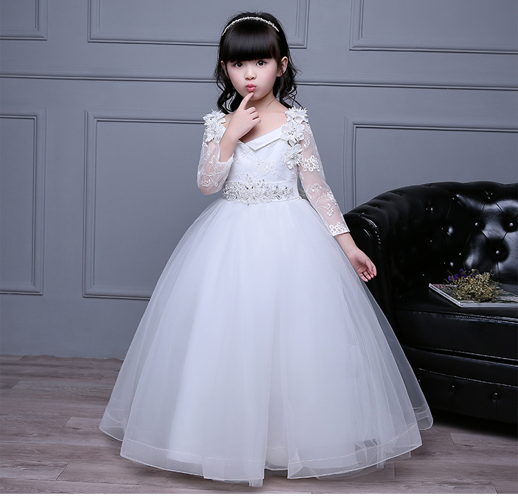 Pre-order ชุดราตรีเด็ก ชุดออกงาน ชุดกระโปรง สไตล์เจ้าหญิง แขนยาว คอกว้าง แต่งลูกไม้ กระโปรงตาข่ายฟู มีซิปหลัง