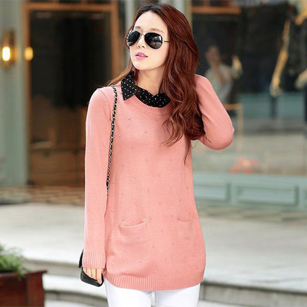 เสื้อสเวตเตอร์ไหมพรม คอปกเชิ้ตลายจุด แต่งกระเป๋าคู่ (12217B)