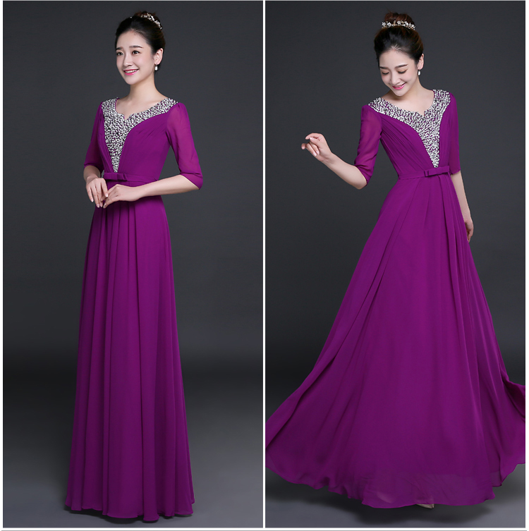 Pro-order ชุดราตรียาว แขน3ส่วน ผ้าชีฟอง ปักเลื่อม ซิปหลัง ไซส์ใหญ่ XS-4XL