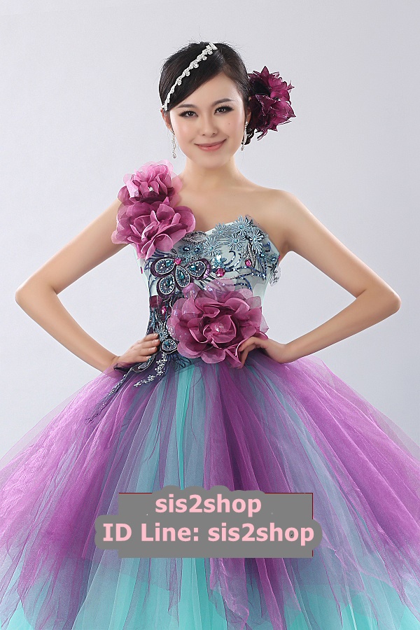 พร้อมเช่า ชุดแฟนซี ชุดราตรียาว สีฟ้ามิ้นต์ แต่งผ้าโปรงสีม่วง ประดับเลื่อมและดอกไม้