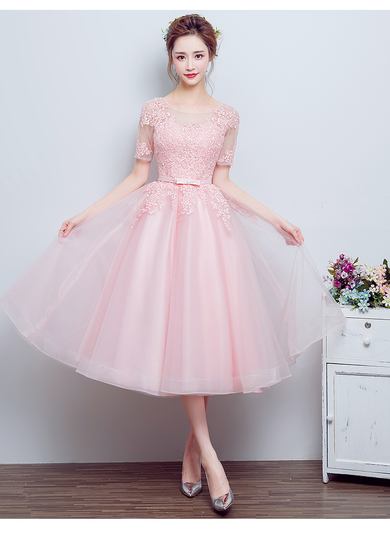 Pre-order ชุดราตรีสั้น แขนสามส่วน สีชมพูโอโรส สวยหวาน กระโปรงตาข่าย (ยาว) ตัวชุดลูกไม้&แต่งโบว์ช่วงเอว ซิปหลัง