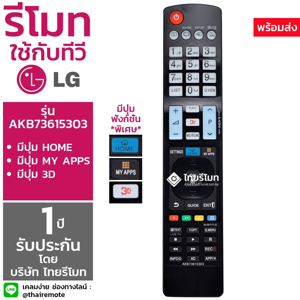 รีโมททีวี แอลจี LG รุ่นAKB73615303 (ปุ่มHOME / ปุ่มMY APPS / ปุ่ม3D)