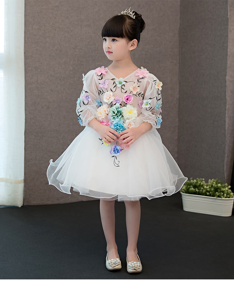 Pre-order ชุดแฟนซี ชุดกระโปรง แขนยาว แต่งดอกไม้สามมิติหลากสี กระโปรงผ้าแก้ว ซิปหลัง