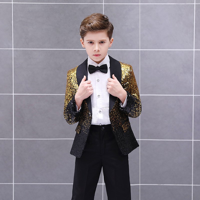 เช่า ชุดสูทเด็กชาย งานกลิตเตอร์ไล่สีทองดำ กระดุมเดียว