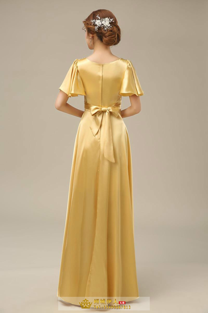 Pre-order ชุดราตรียาว แบบแขนสั้น ผ้าซาตินสวยสง่า อกจับจีบปักเลื่อมช่วงอก-เอว สีทอง (เชือกผูกหลัง)