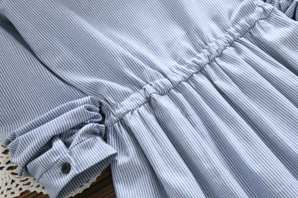 เดรสเชิ้ตแขนยาว เอวผูกจั๊ม แต่งปักแมวสไตล์วินเทจ (12315LM)