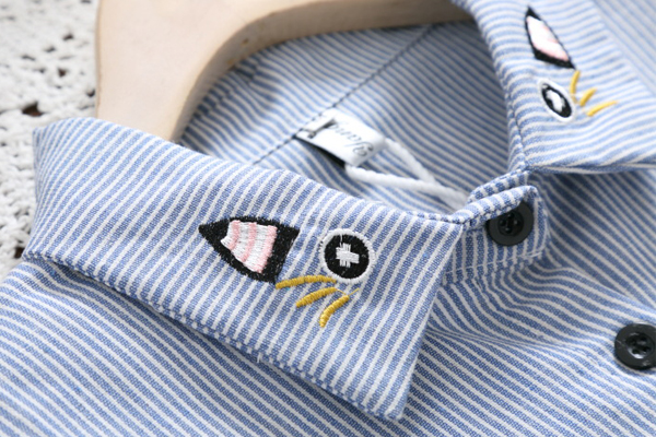 เดรสเชิ้ตแขนยาว เอวผูกจั๊ม แต่งปักแมวสไตล์วินเทจ (12315LM)