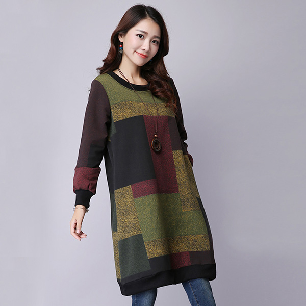 เดรสทรงปล่อยแฟชั่นวินเทจ แขนยาว แต่งกระเป๋าคู่ (11739M)