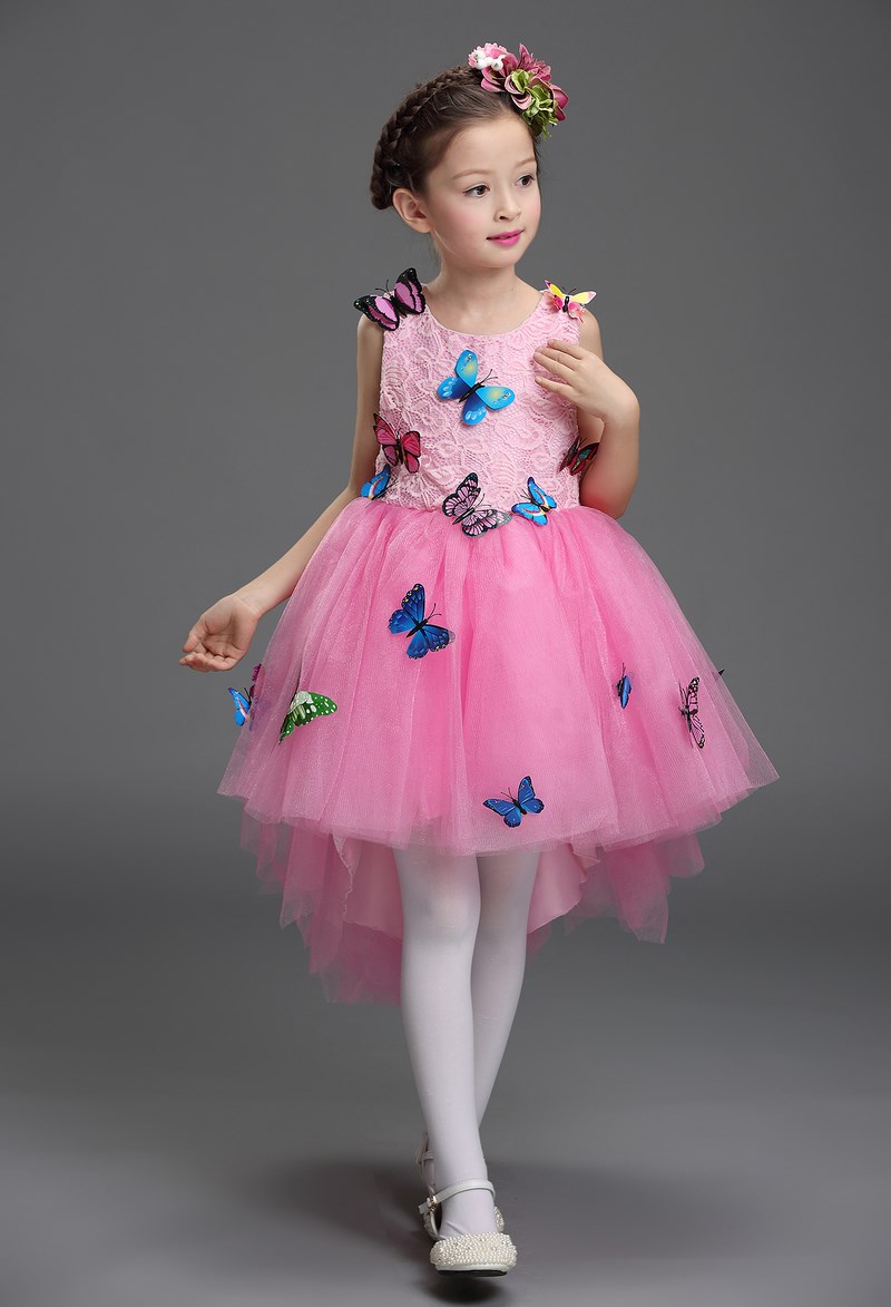 Pre-order ชุดราตรีเด็ก หน้าสั้นหลังยาว แขนกุด ผ้าลูกไม้ กระโปรงตาข่าย แต่งผีเสื้อสามมิติ สวยหวานน่ารักมาๆ