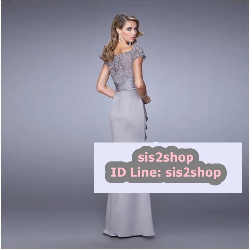 พร้อมส่ง ชุดราตรียาว แขนสั้น ผ้าซาติน จับจีบตีเกล็ดช่วงเอว เนื้อผ้าลูกไม้ เรียบหรู สีเทา