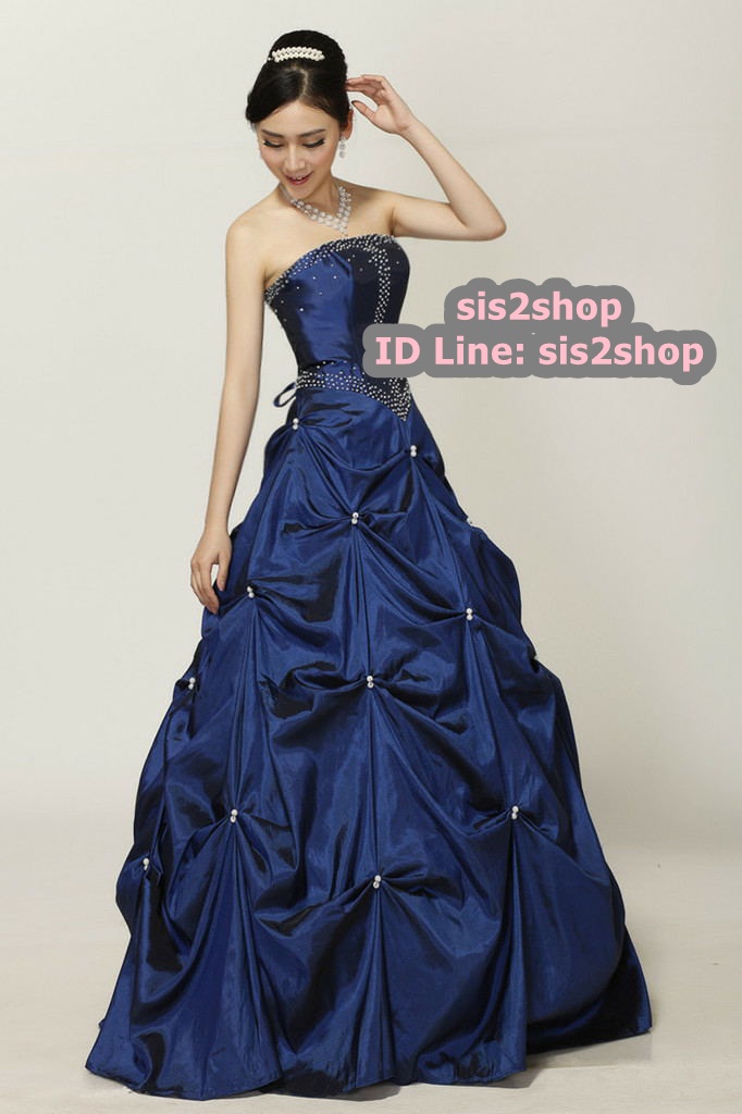 พร้อมเช่า ชุดแฟนซี ชุดราตรียาว สีน้ำเงินกรมท่า แต่งมุกช่วงอกและเอว กระโปรงทรงบอลลูน