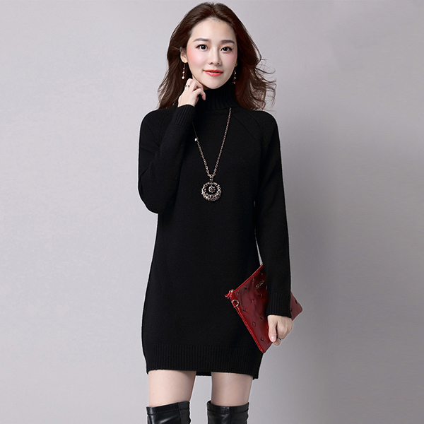 เดรสคอเต่ากันหนาว เดรสคอพับ ผ้าไหมพรมวูลหนานุ่ม (12170B)