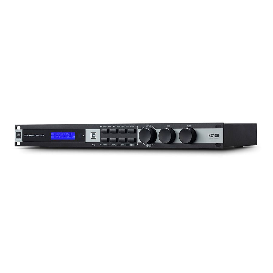 JBL KX180 Digital Processor Karaoke JBL เครื่องปรับแต่งสัญญาณเสียง สำหรับคาราโอเกะ JBL KX180, 2- groups of microphone inputs, 15-band PEQ and compressor, Three levels of Feedback Inhibition for each Mic, Six output channels, Two independent REC channels c