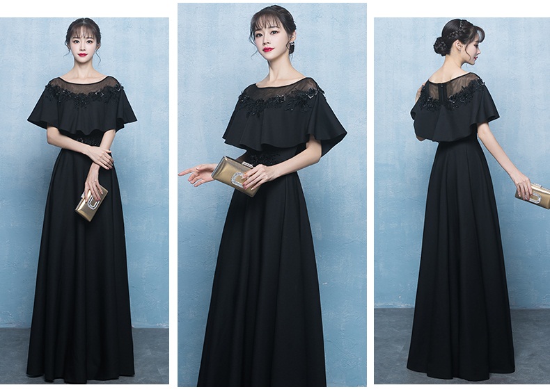 ชุดราตรียาวแขนยาวสีดำแต่งดอกไม้ผ้าชีฟอง (ซิปหลัง)