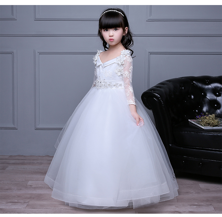 Pre-order ชุดราตรีเด็ก ชุดออกงาน ชุดกระโปรง สไตล์เจ้าหญิง แขนยาว คอกว้าง แต่งลูกไม้ กระโปรงตาข่ายฟู มีซิปหลัง