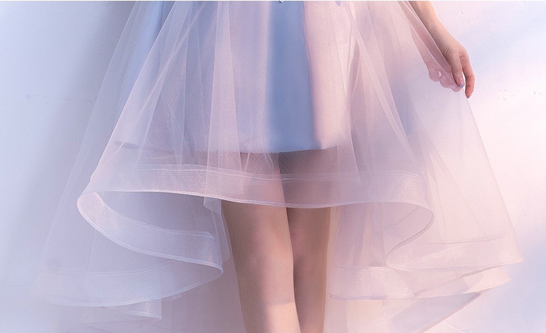 Pre-order ชุดราตรี แขนสั้น แต่งผ้าลูกไม้ กระโปรงตาข่าย เรียบหรู (ซิปหลัง)