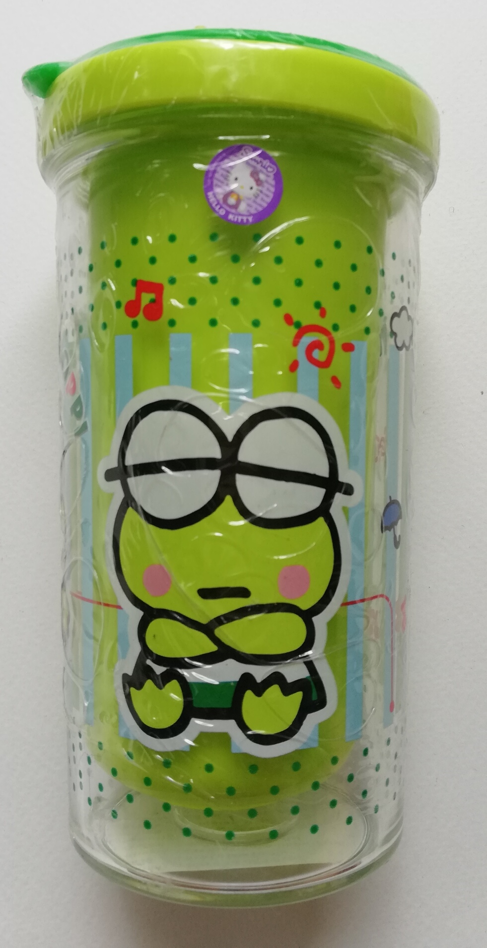 แก้ว2ชั้นใส่เครื่องดื่มร้อนร้อน ลายกบเคโระ Plastic glass bottle with layer, for hot drink, green with Kero printed on