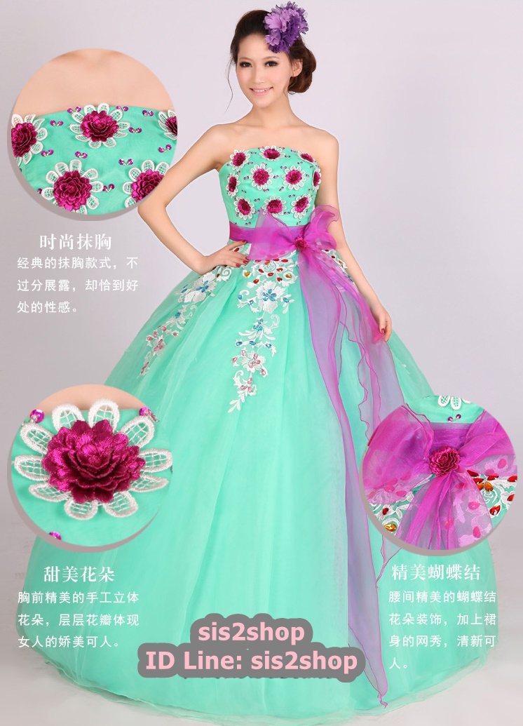 พร้อมเช่า ชุดแฟนซี ชุดราตรียาว สีเขียวมิ้นต์ เกาะอก แต่งลูกไม้ ลาย Polkadot ซิปหลัง