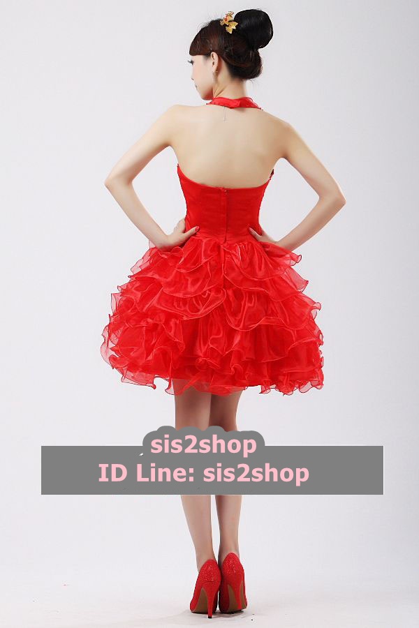 พร้อมเช่า ชุดแฟนซี ชุดราตรีสั้น สีแดง คล้องคอ กระโปรงระบาย ทรงฟูสวย สำเนา