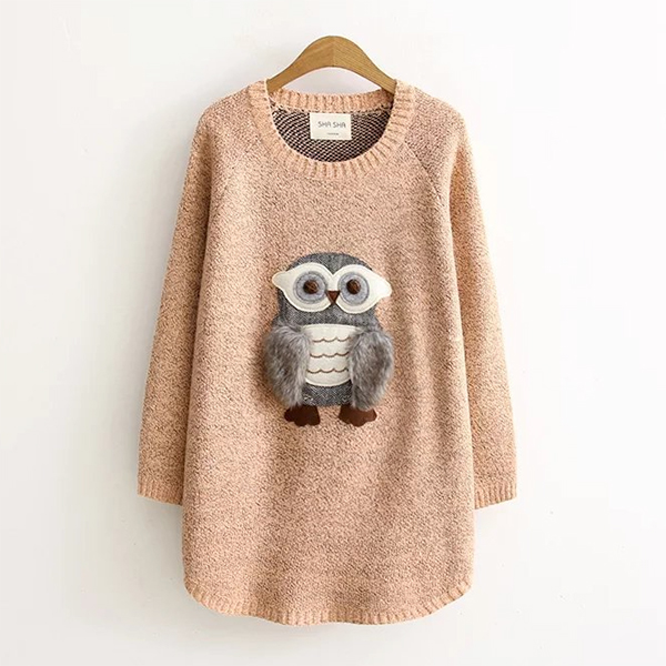 เสื้อไหมพรมกึ่งวูลผ้าหนานุ่ม แต่งลายนกฮูกแบบนูนน่ารัก (11705LM)