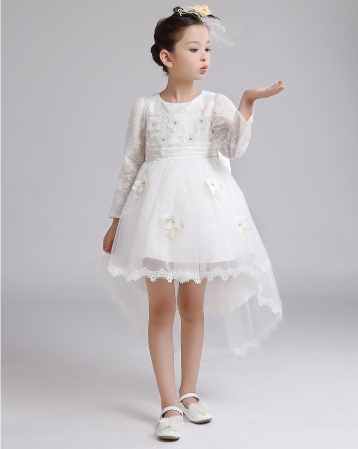 Pre-order ชุดราตรีเด็ก หน้าสั้นหลังยาว แขนยาว ผ้าลูกไม้ กระโปรงตาข่าย ปักเลื่อม แต่งดอกไม้ แต่งโบว์ ซิปหลัง