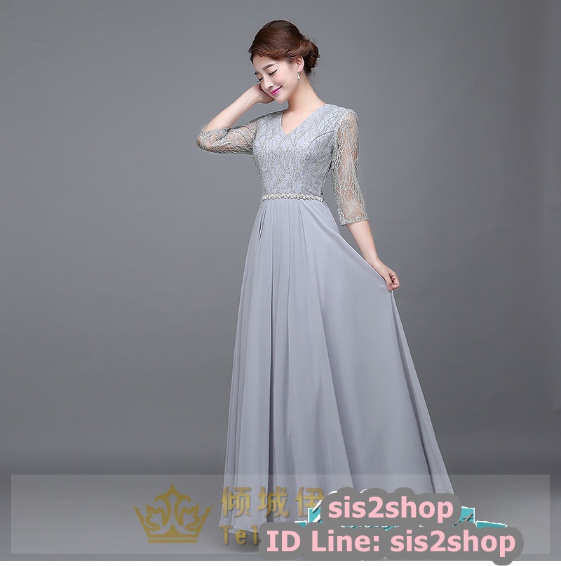 พร้อมส่ง ชุดราตรียาว สีเทา แขนสามส่วน แต่งเม็ดกากเพชร ช่วงแขนผ้าโปร่ง สวยหรู คาดเข็มขัดช่วงเอว (XL-7XL)