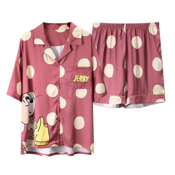 🚩พร้อมส่ง🚩ชุดนอน Silk Satin แขนสั้นขาสั้น ลายจุดน่ารัก ผ้าซาตินเกรดพรีเมี่ยม นุ่มลื่นละมุนผิว (CT116-6)