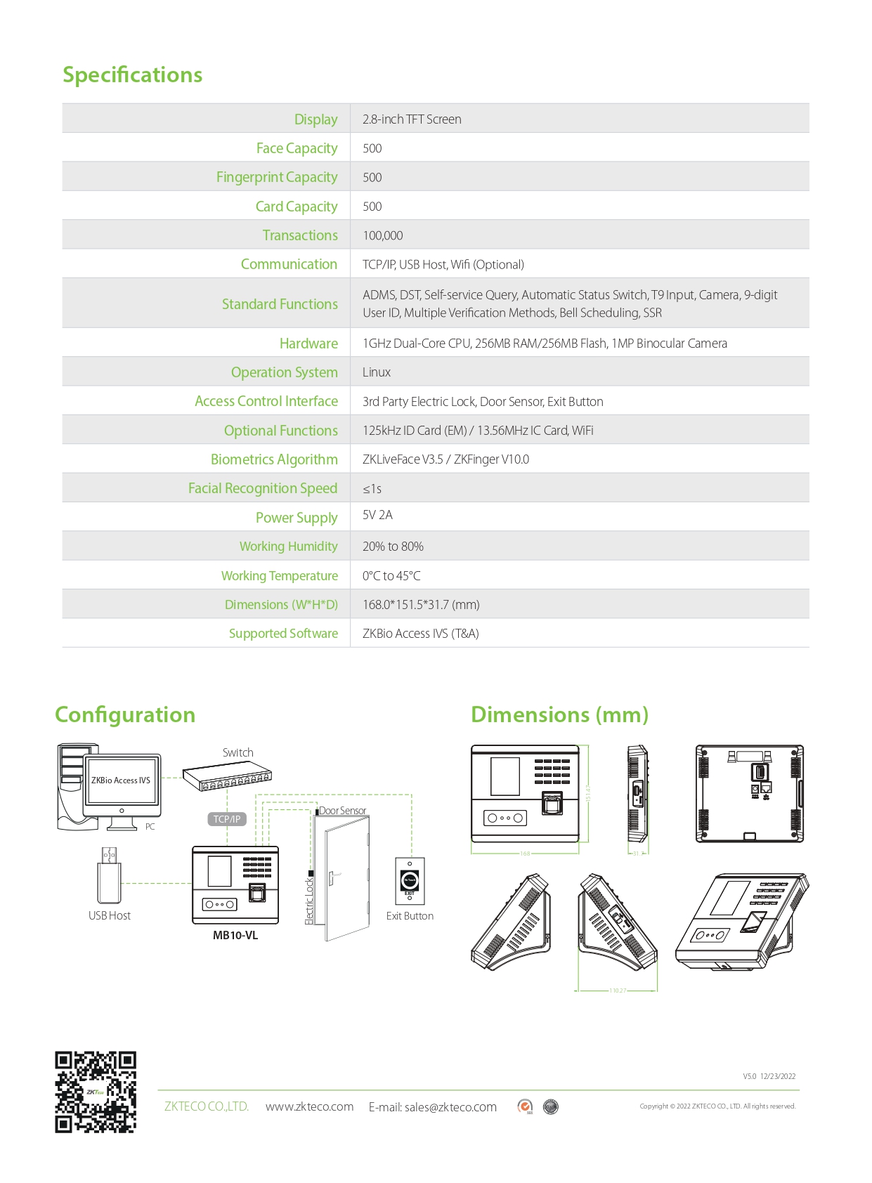 เครื่องสแกนใบหน้า ยี่ห้อ ZKTeco รุ่น MB10-VL (ID) รองรับระบบ Access Control