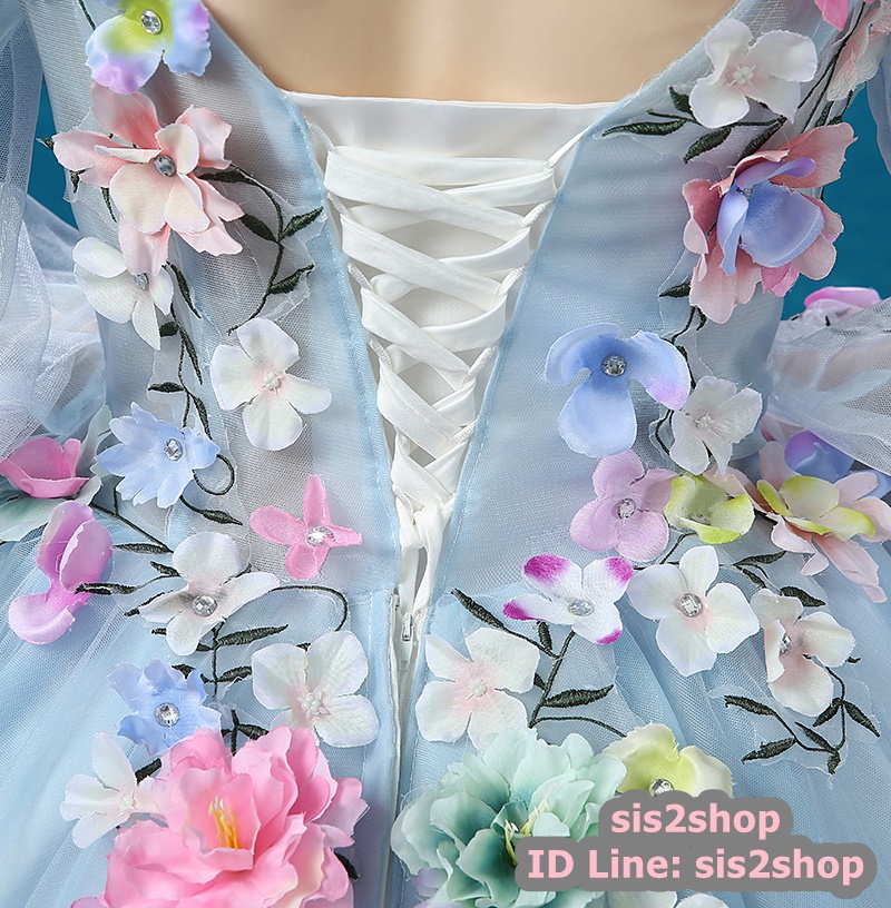 พร้อมเช่า ชุดแฟนซี ชุดราตรียาว สีฟ้า แขนยาว แต่งดอก Fairy สไตล์เจ้าหญิง กระโปรงพองสวย เชือกผูกหลัง