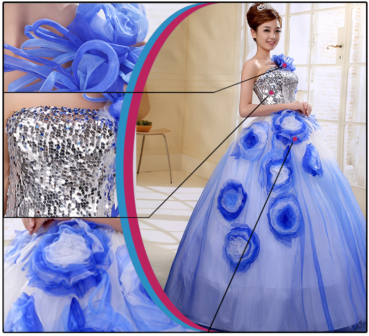 พร้อมเช่า ชุดแฟนซี ชุดราตรียาว สีน้ำเงิน เกาะอก ไหล่เดียว ช่วงอกปักเลื่อม กระโปรงแต่งผ้าโปรงดอกไม้