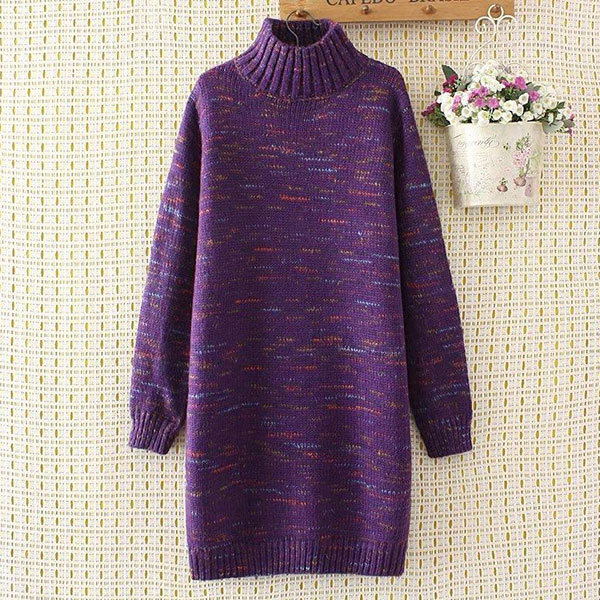 เดรสคอเต่ากันหนาวตัวยาว ไหมพรมวูลหนาถักสลับสี (12029LM)