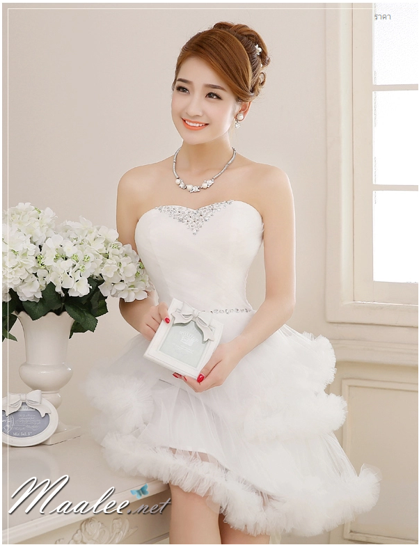 พร้อมเช่า ชุดแฟนซี ชุดราตรีสั้น สีขาว เกาะอก กระโปรงเป็นชั้น ๆ