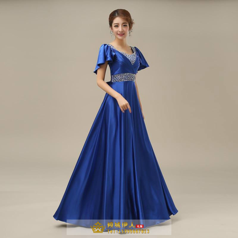 Pre-order ชุดราตรียาว แบบแขนสั้น ผ้าซาตินสวยสง่า อกจับจีบปักเลื่อมช่วงอก-เอว สีทอง (เชือกผูกหลัง)