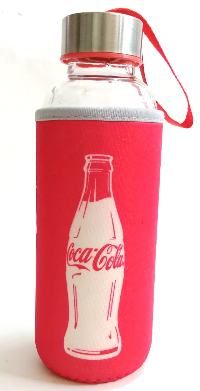 ของสะสม ขวดแก้วพร้อมถุงจับกันเย็นสีแดงพิมพ์ลาย โค้กพร้อมสายหิ้วสีแดง COKE