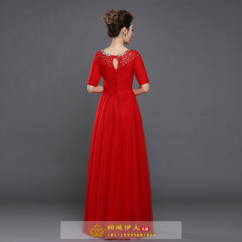 Pro-order ชุดราตรียาว แขนสั้น คอกลม ผ้าตาข่าย ปักเลื่อม จับจีบ ซิปหลัง ไซส์ใหญ่ XS-5XL