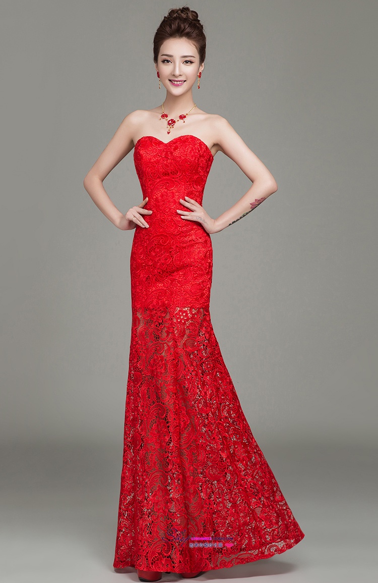 พร้อมส่ง ชุดราตรียาว แบบเกาะอก สีแดง ลูกไม้ทั้งชุด ทรงหางปลา (ซิปหลัง) สำเนา