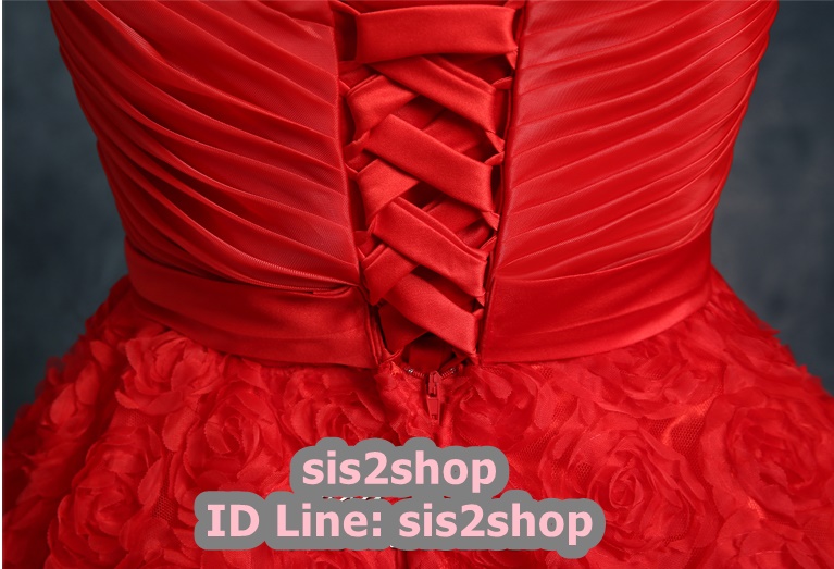 พร้อมส่ง ชุดราตรีสั้น เกาะอก ทรงบอลลูน เชือกผูกหลังพร้อมเข็มกลัด กระโปรงดอกสามมิติ สีแดง (แบบเชือกผูกหลัง)