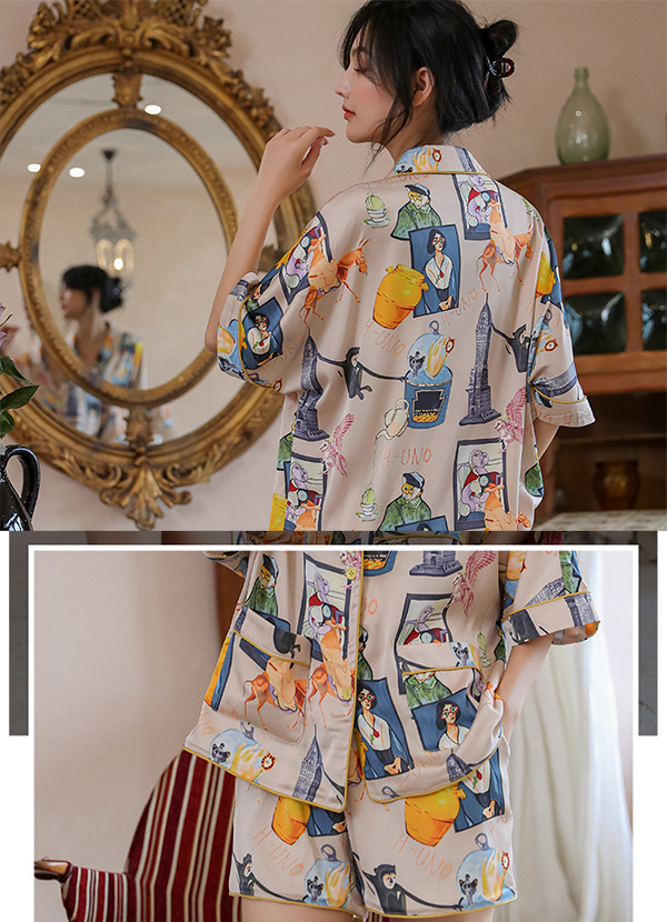 🚩พร้อมส่ง🚩ชุดนอน Silk Satin ไหมซาตินเกรดพรีเมี่ยม พิมพ์ลายสไตล์วินเทจ ผ้านุ่มลื่นละมุนผิว (ST125)