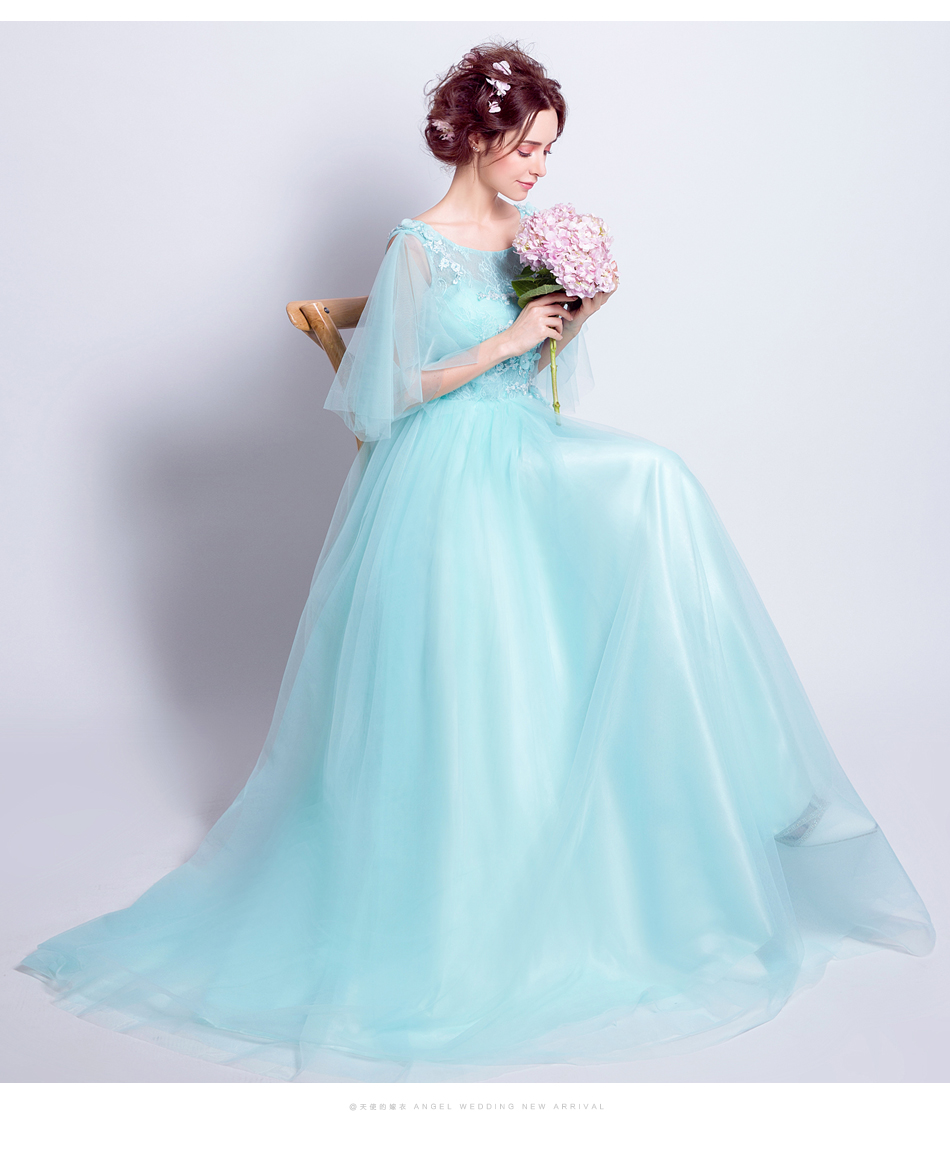 Pre-order ชุดแฟนซี ชุดเจ้าสาว ชุดราตรียาว สีฟ้าทะเล แขนแต่งระบาย แต่งดอกไม้ ปักเลื่อมช่วงอก กระโปรงตาข่าย เชือกผูกหลัง