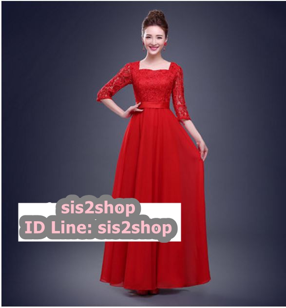 พร้อมส่ง ชุดราตรียาว สีแดง ลูกไม้ฉลุ แขนสามส่วน กระโปรงผ้าชีฟอง 2XL- 6XL (เชือกผูกหลัง)