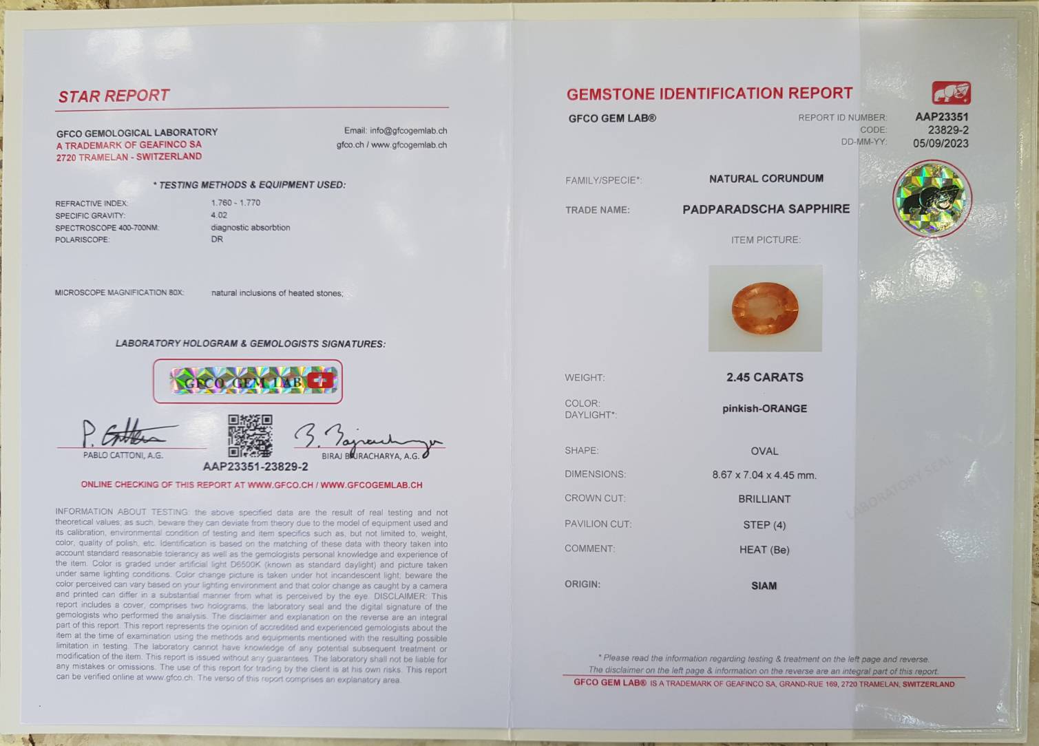 พลอย พัดพารัดชา Padparadscha Sapphire 2.45 กะรัต (Cts.) พร้อมใบเซอร์ พลอยแท้ อัญมณีมงคลประจําวันเกิด เครื่องประดับพลอย